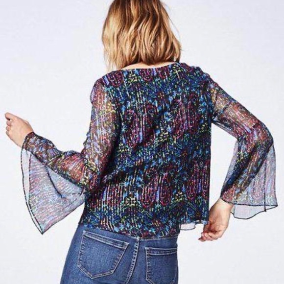 Nicole Miller NY Long Bell Sleeve Floral Sequin Print Blouse - Picture 2 of 6